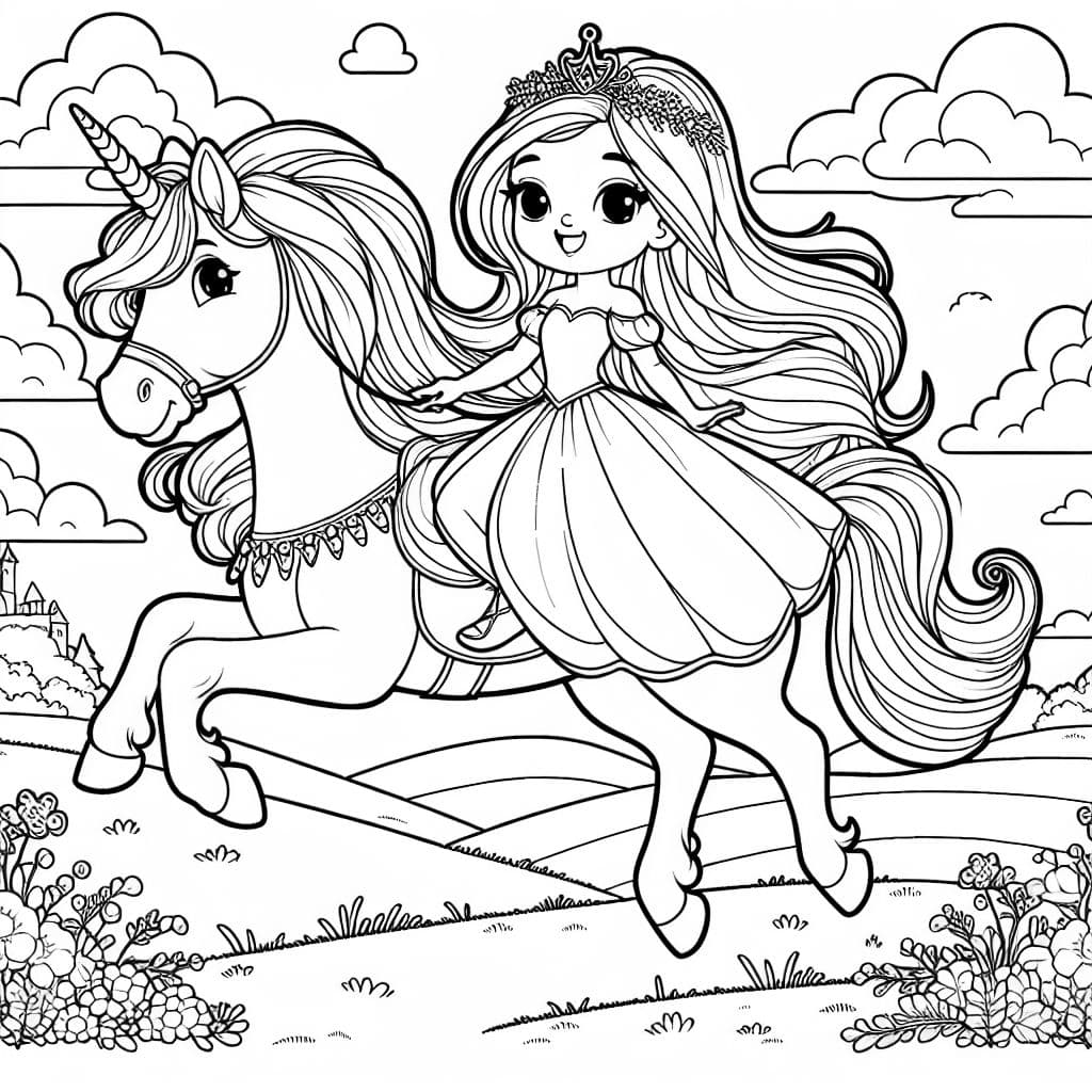 Une jolie princesse monté à califourchon sur une licorne volante.