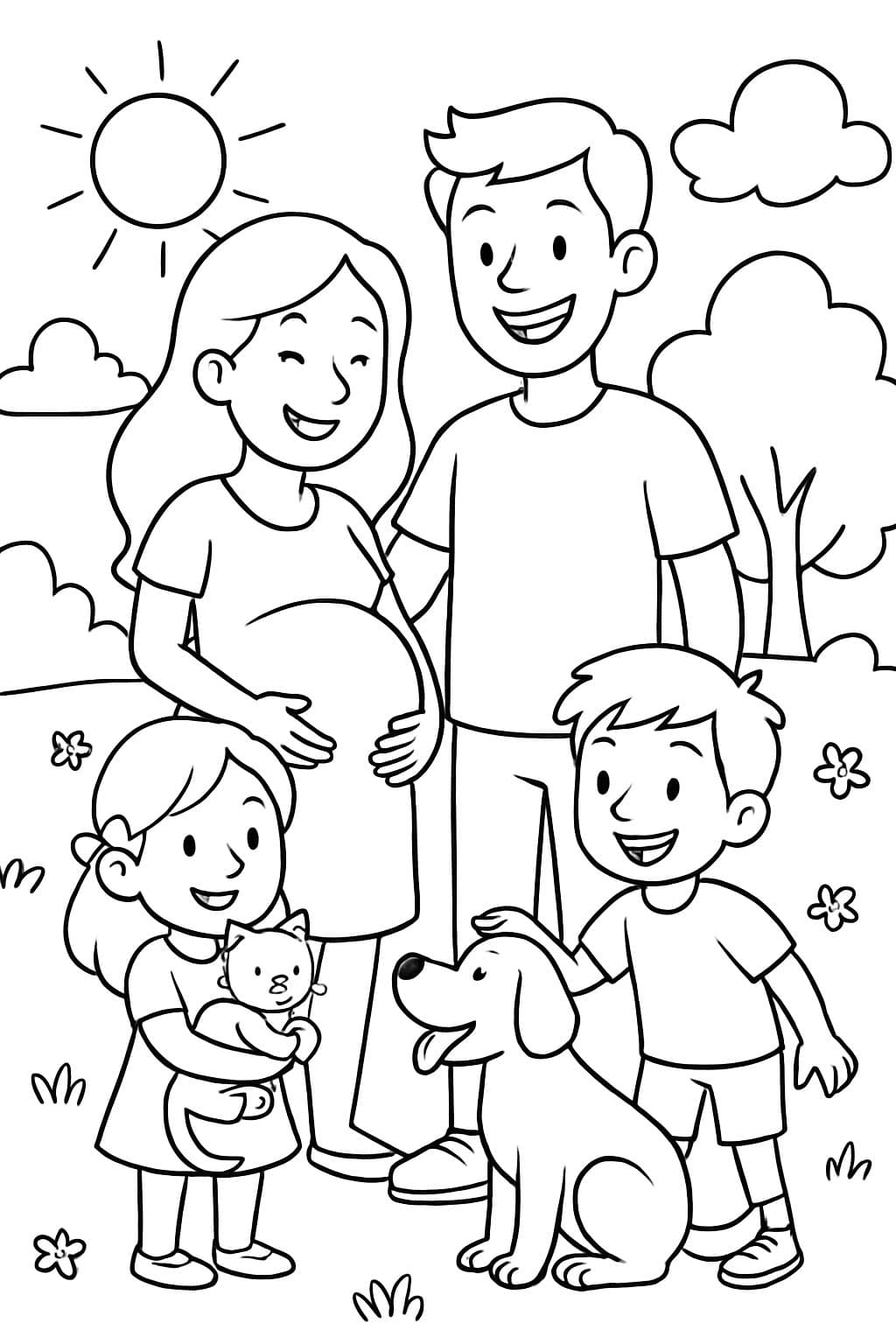 maman enceinte avec mari et garçon et fille avec chat et chien