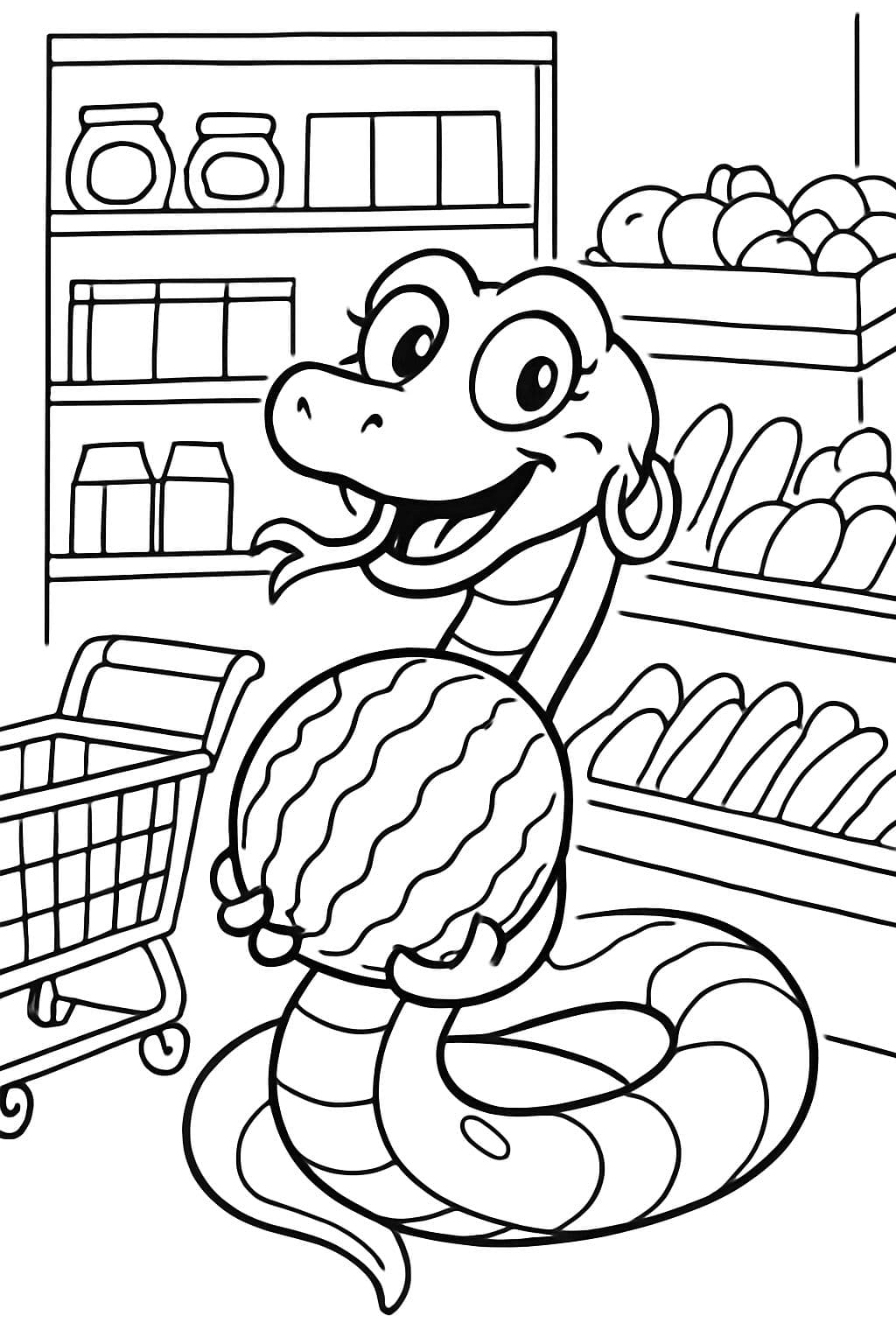 eine Schlange, die Ohrringe trägt, in einem Lebensmittelgeschäft, die eine Wassermelone hält.