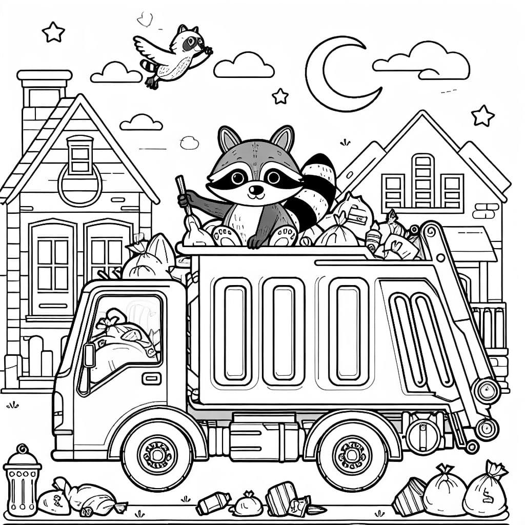 a raccoon riding on the back of a garbage truck