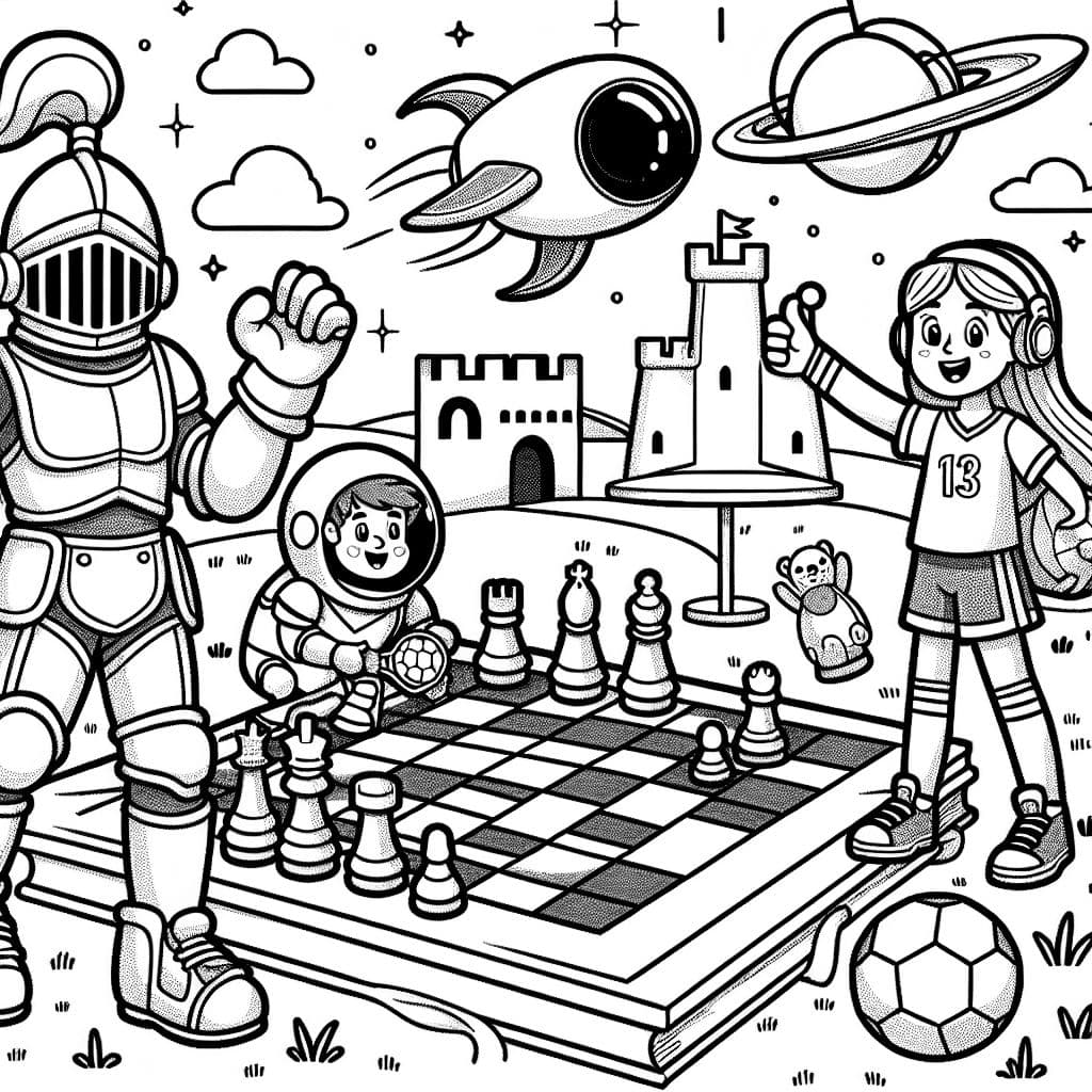 einen Ritter, eine Fußballspielerin und ein Astronaut die ein Brettspiel spielen