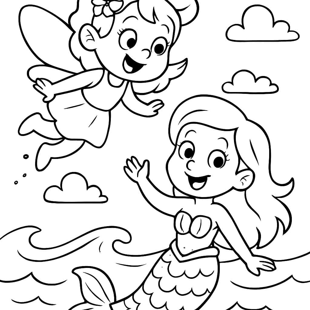 un hada vuela sobre el mar, donde hay una sirena