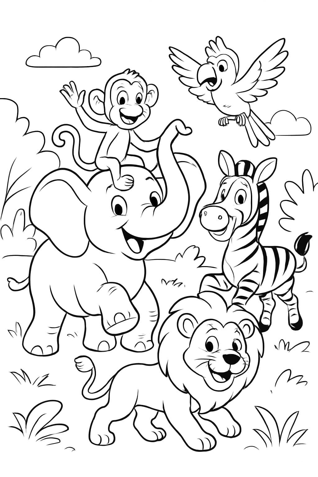 UN ÉLÉPHANT AVEC DES AMIS : SINGE, PERROQUET, ZEBRE ET LION