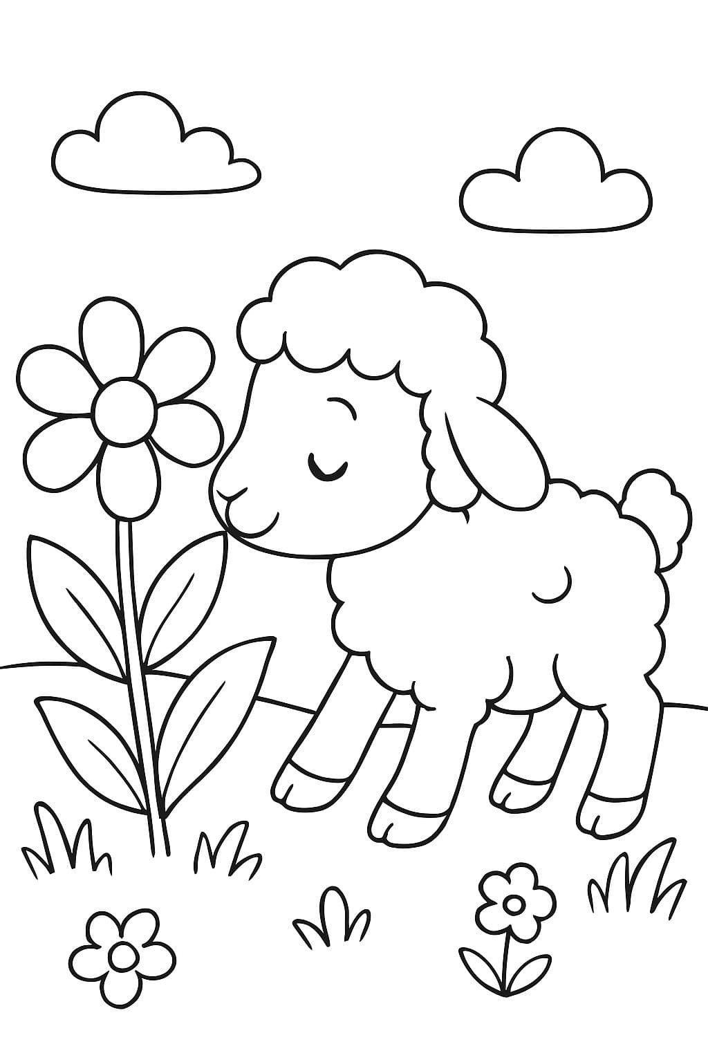 Corderito de Pascua olfatea una flor de Pascua