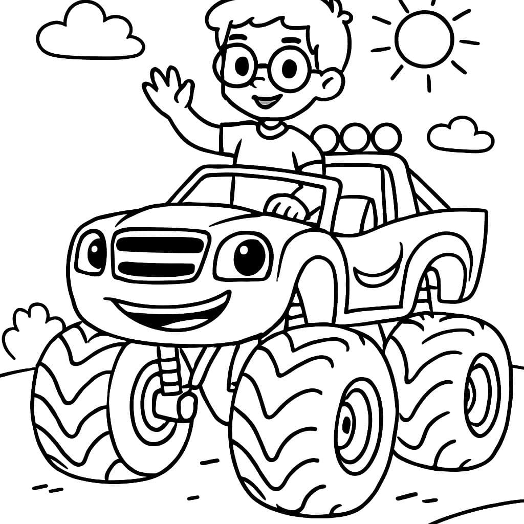 Un jeune garçon portant des lunettes roulant sur Blaze le monster truck.