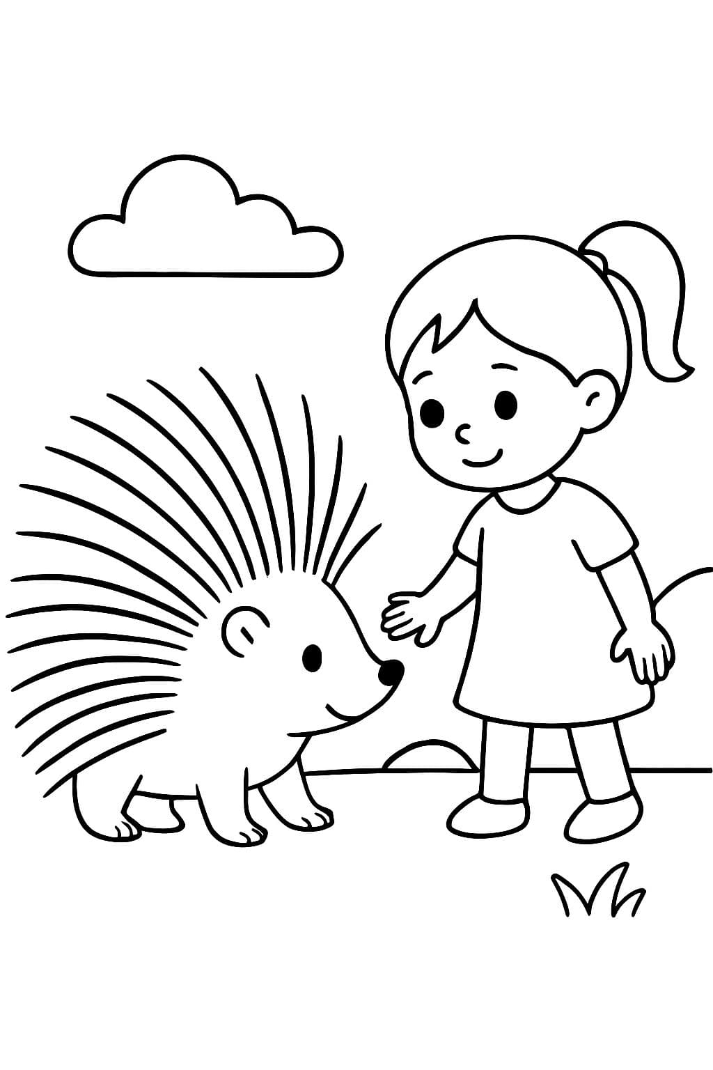 un porc-épic avec de longues piquants et une petite fille