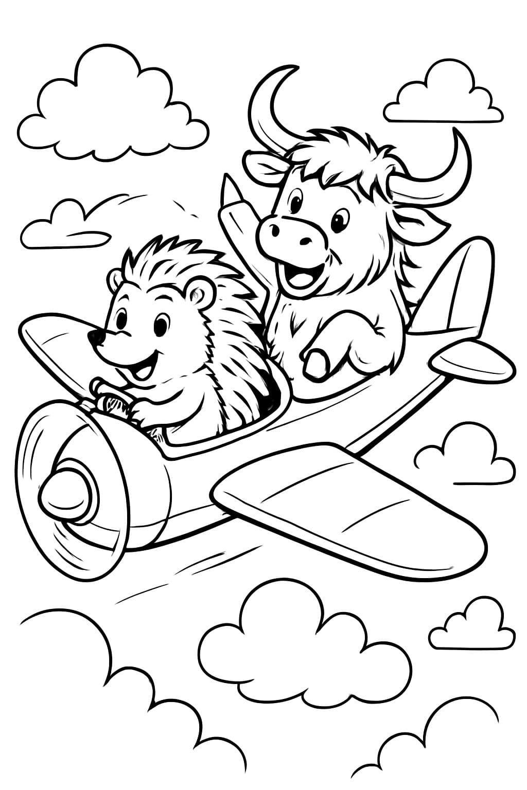 Un erizo y una vaca de las tierras altas volando en un avión.