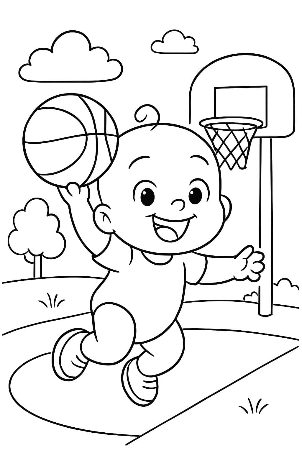 Bebé haciendo un mate con un balón de baloncesto.