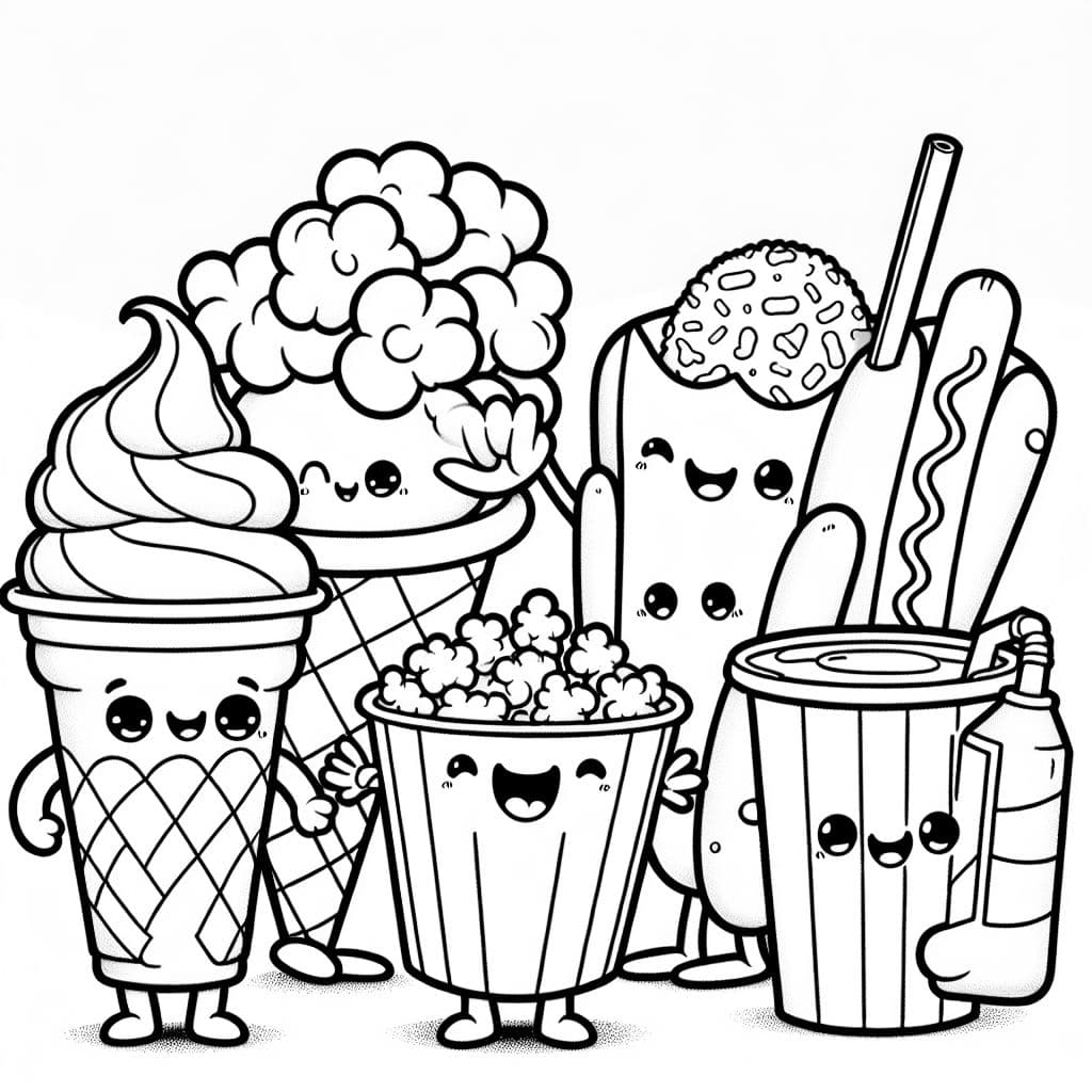 Un cono de helado, una taza de palomitas, un hotdog y una taza de hielo, todos cogidos de la mano.