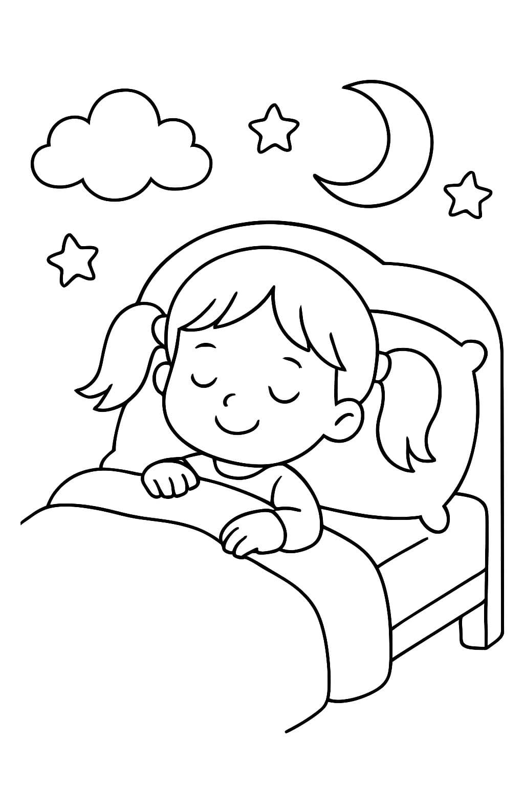 Kleines Mädchen mit Zöpfen, das in ihrem Bett schläft