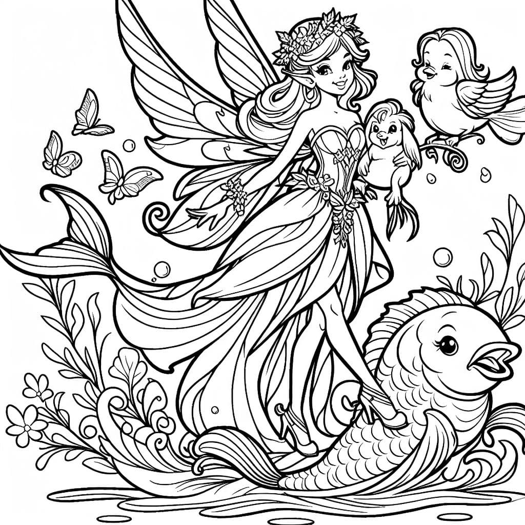 Fée majestueuse tenant un oiseau tout en promenant un poisson.
