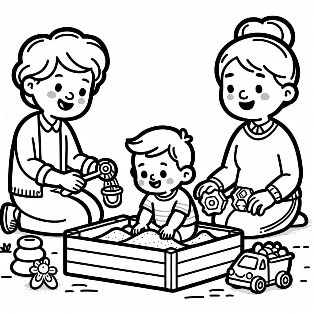 Mama, Oma und Baby im Sandkasten mit Spielzeug