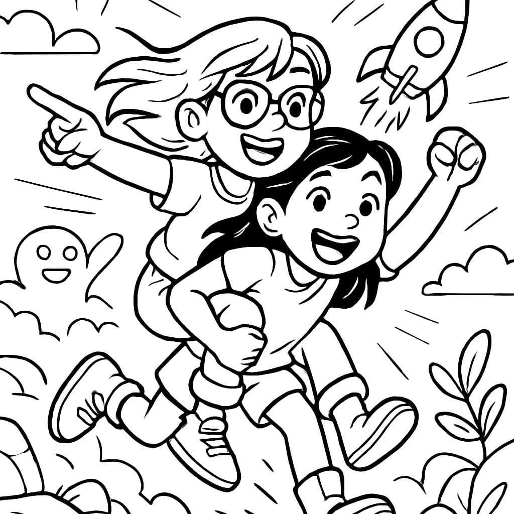 un gribouillage noir et blanc avec une fille portant des lunettes jouant avec son meilleur ami