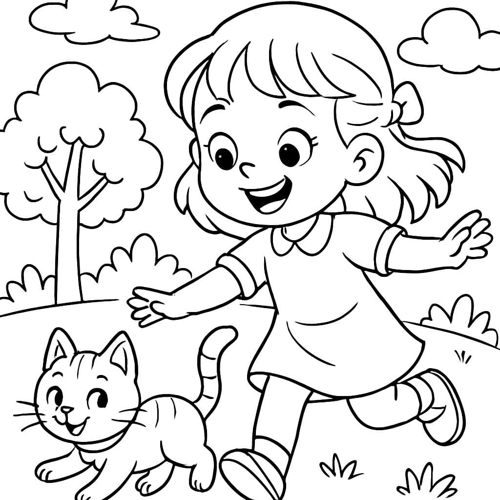 Une fille d'environ 5 ans qui joue dehors dans un parc avec un chat.