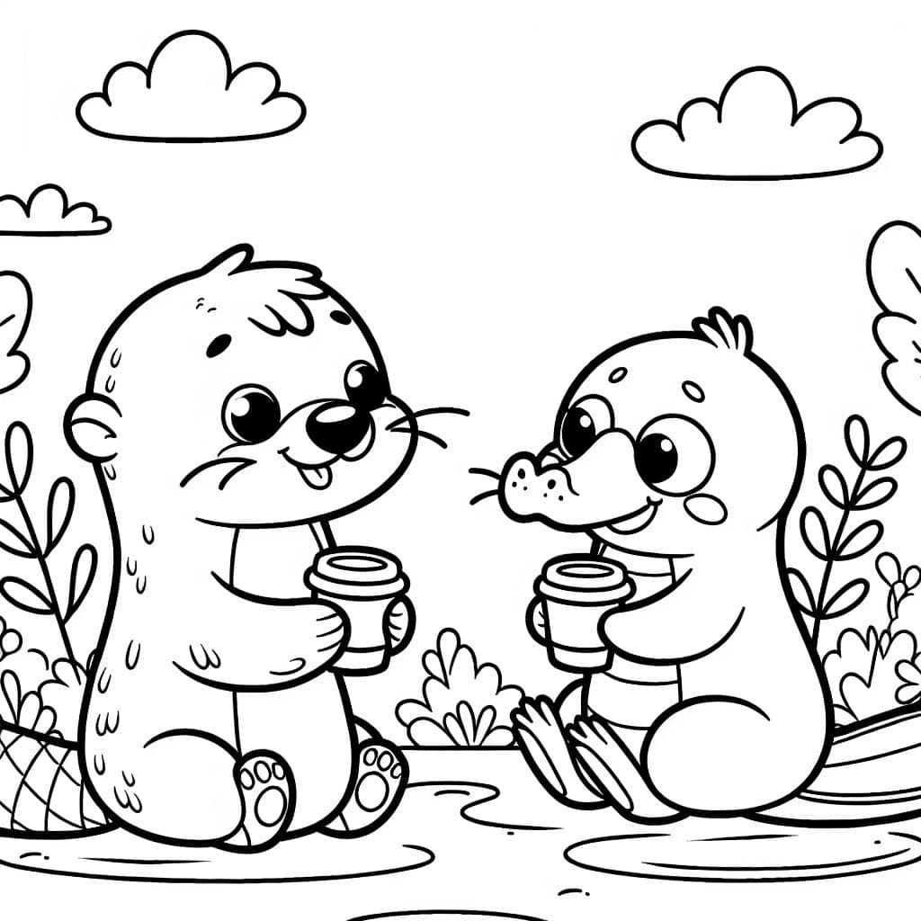 Ein Otter und ein Schnabeltier trinken Kaffee