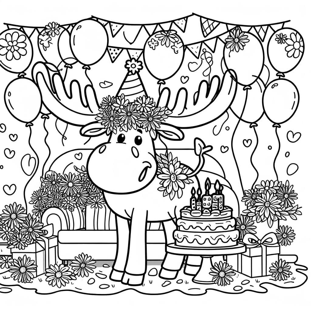 un élan célébrant un anniversaire avec beaucoup de fleurs et de ballons