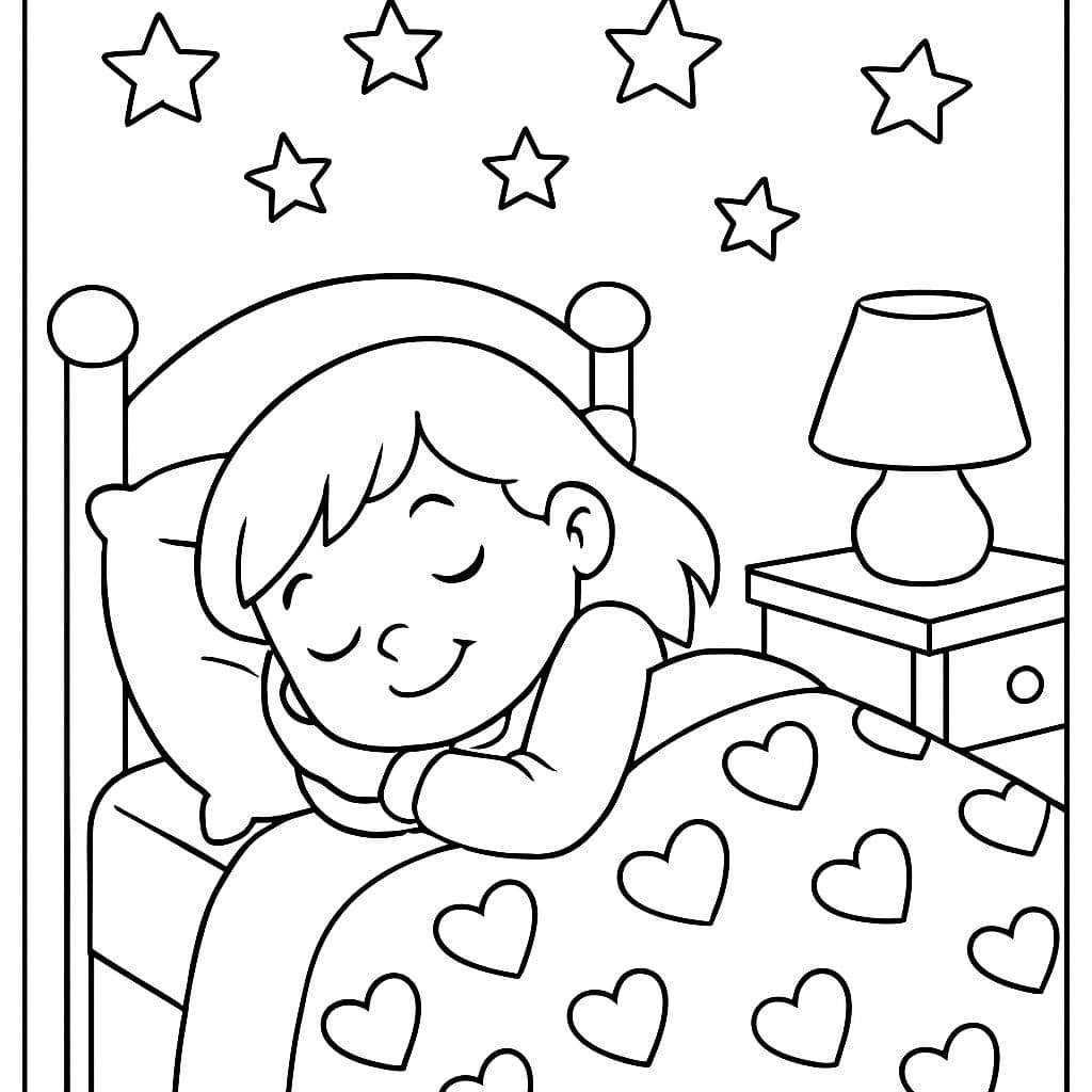 Menina dormindo em seu quarto com estrelas no teto e corações em seu cobertor