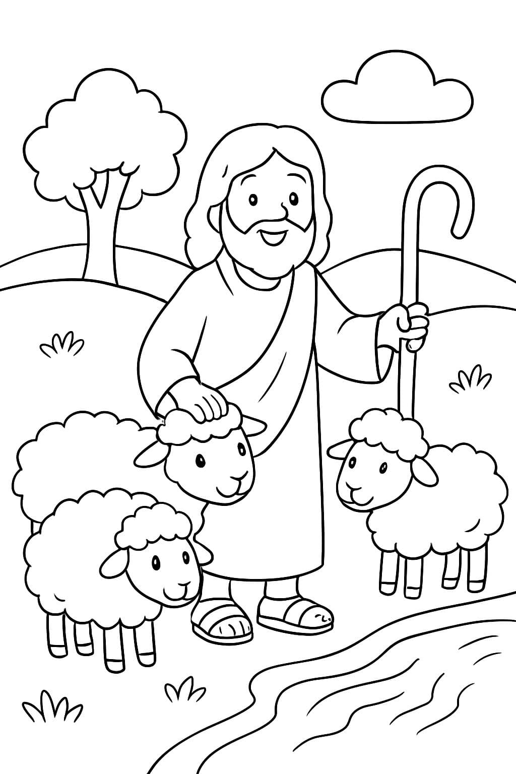 Jesús es el buen pastor con sus ovejas en la fuente de agua