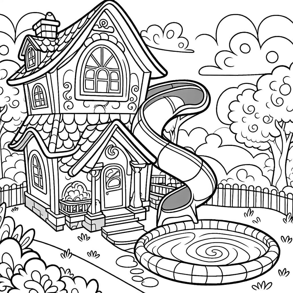 Portrait style house with a twisty slide leading to pool