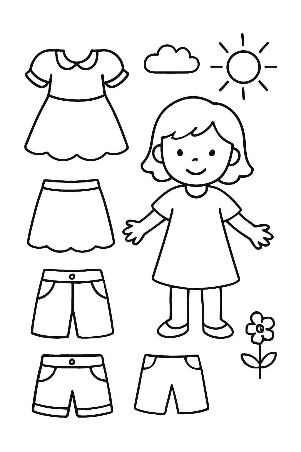 verschiedene Kleider und Hosen zum Ausschneiden und Ausmalen