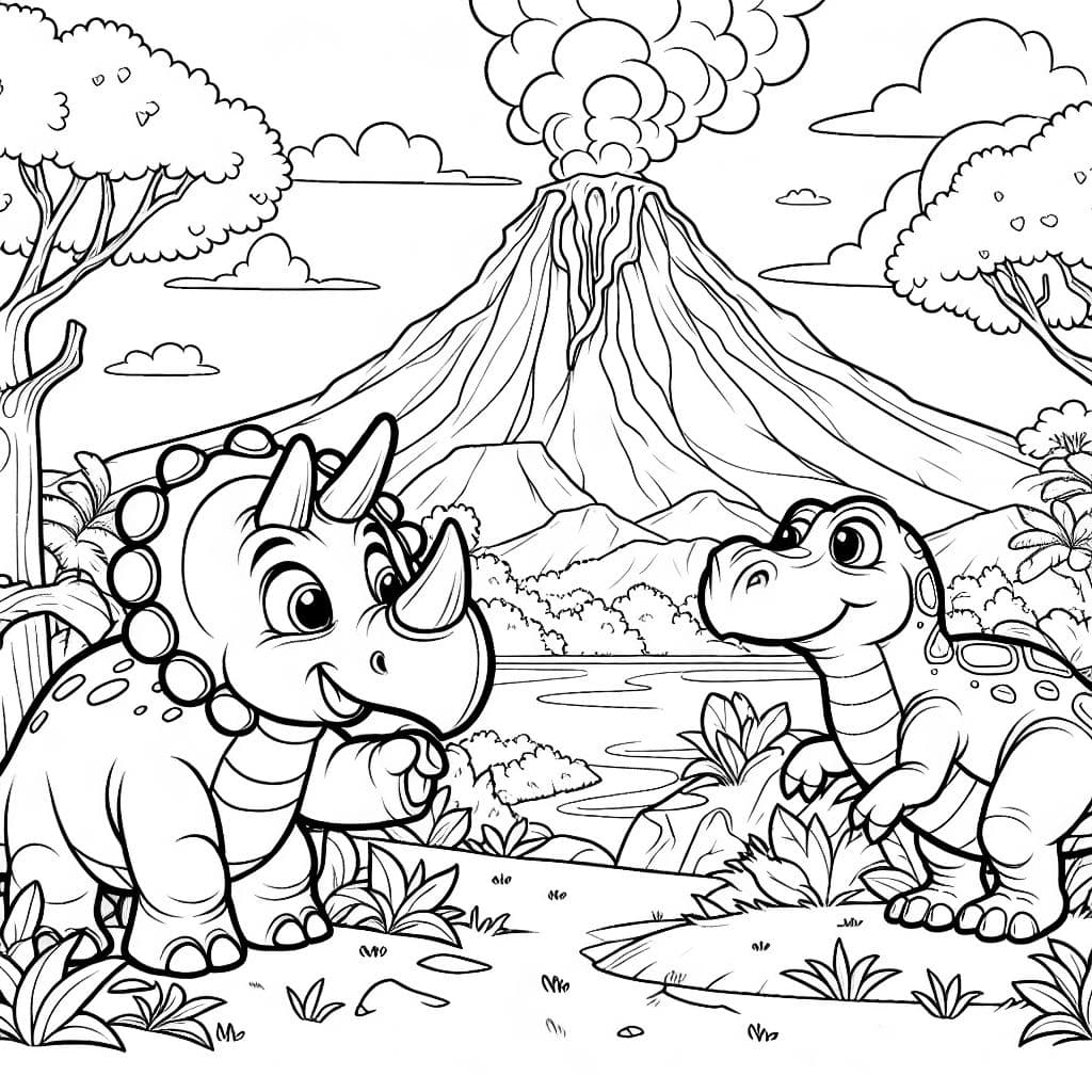 Triceratops und Ankylosaurus und im Hintergrund ist ein Vulkan