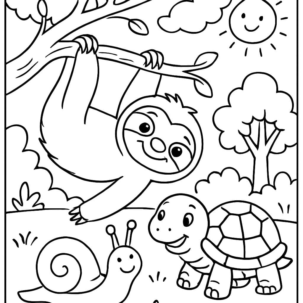 Ein Faultier, eine Bananenschnecke und eine Schildkröte