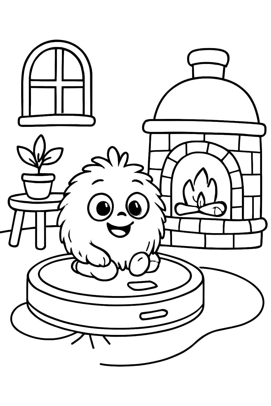 Dans le robot aspirateur se trouve un petit appartement avec un poêle en faïence, devant lequel se trouve une petite créature ronde et fluffy.