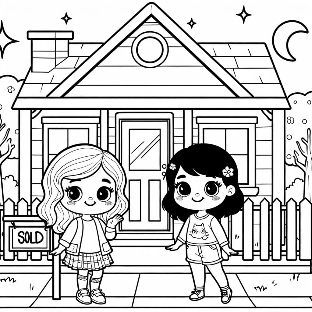 Design simple de deux filles devant une maison avec un panneau VENDU à côté.