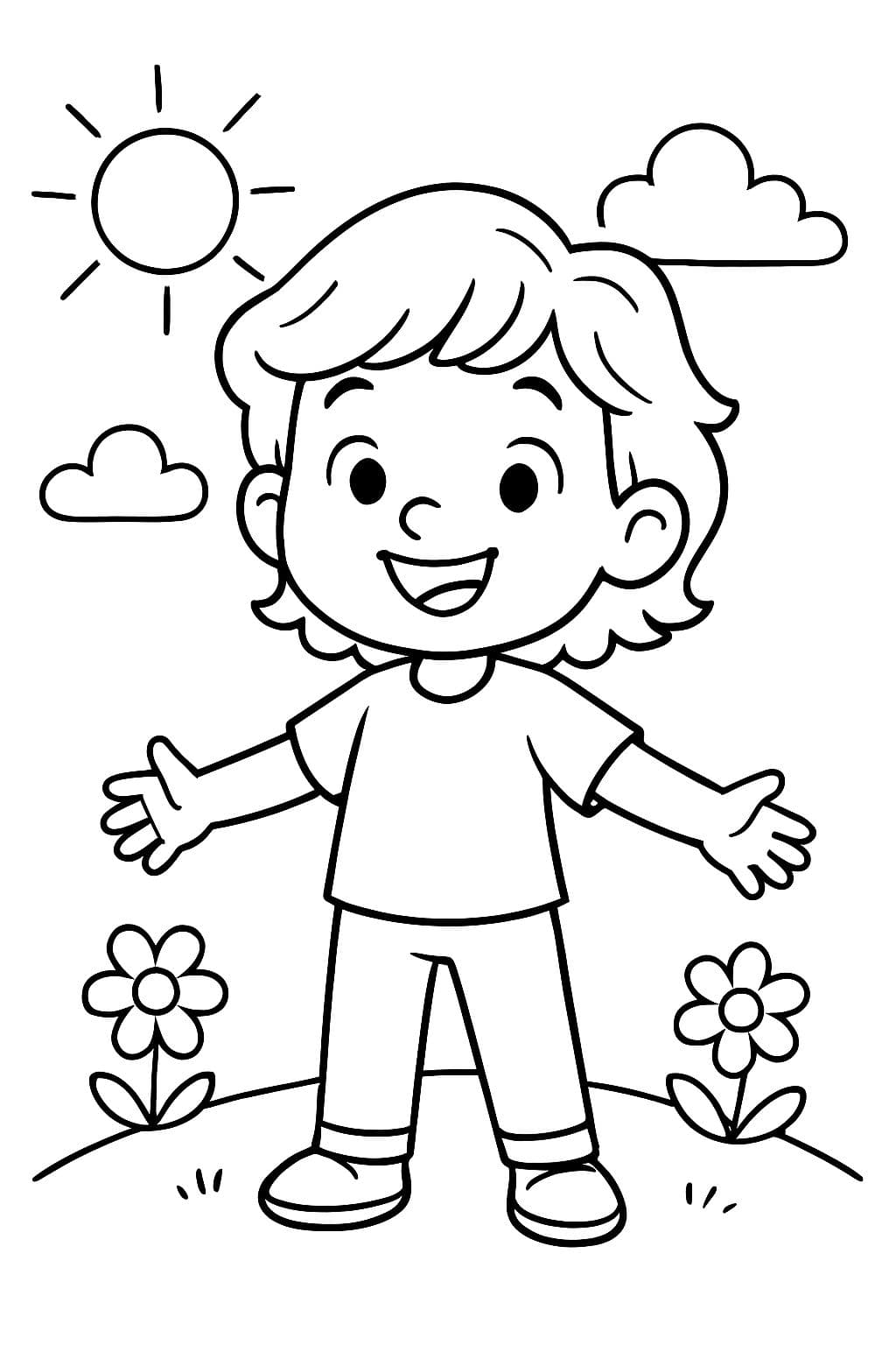 Peux-tu dessiner un enfant avec des cheveux mi-longs ondulés regardant en avant tout en souriant ?