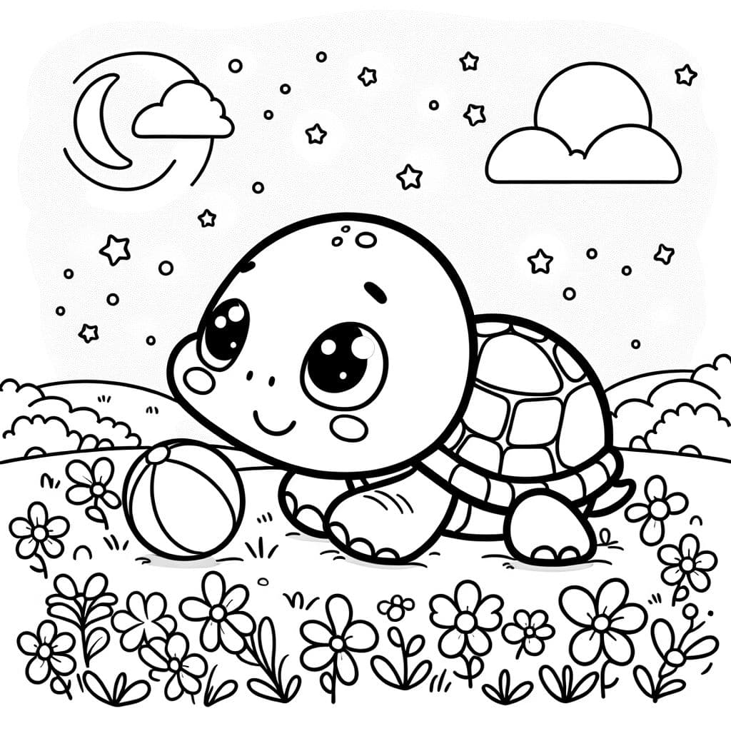 Une tortue joue avec une balle dans une prairie de fleurs colorées.