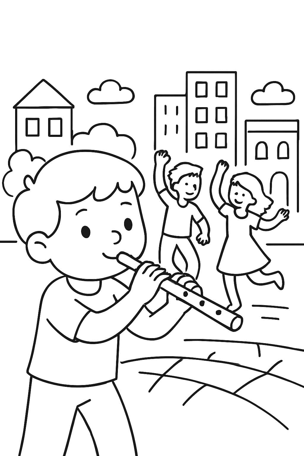 Niño tocando la flauta y gente bailando en una ciudad.