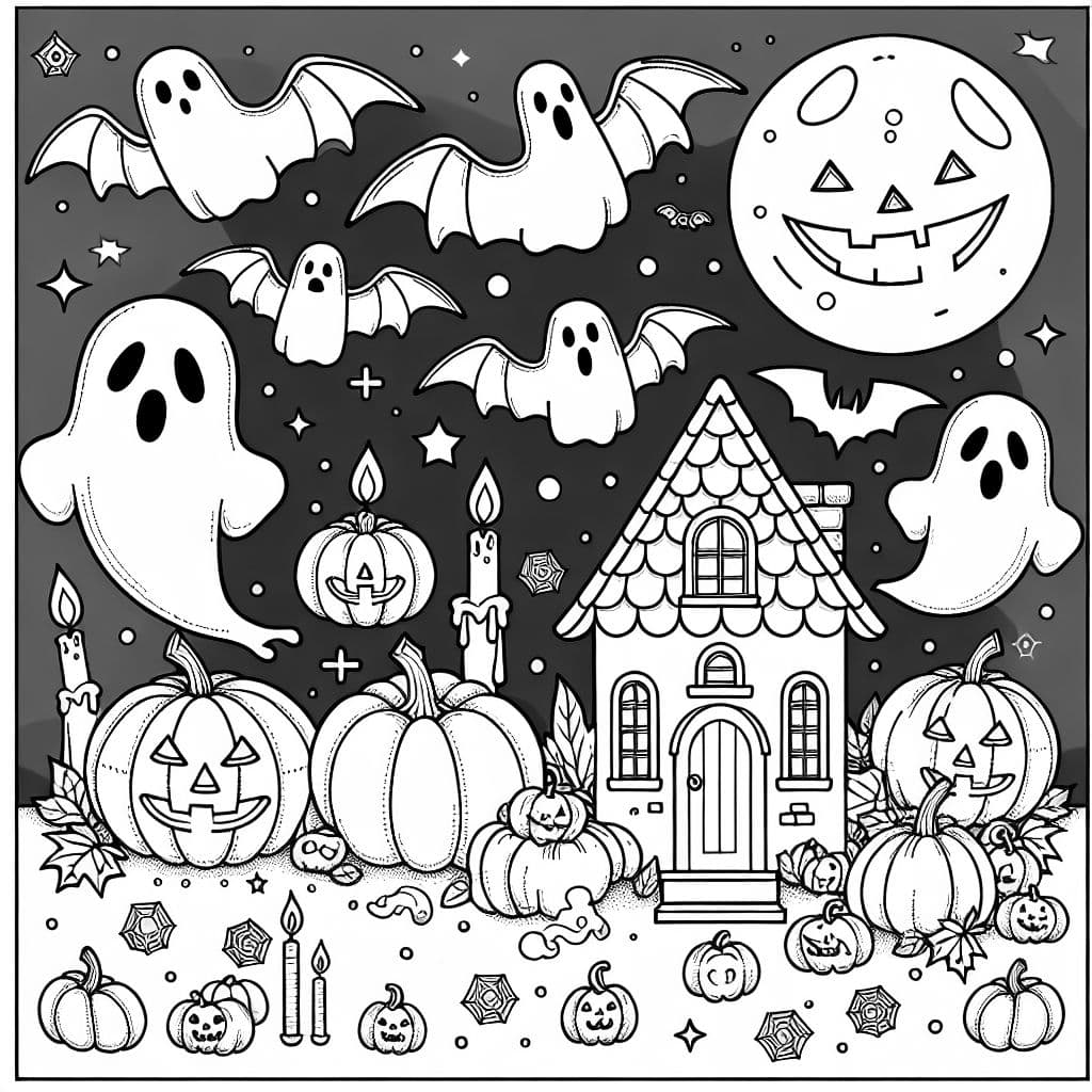 Ein Mandala zum Thema Halloween im Format Din A4 mit Geistern, Kürbissen, Fledermäusen, Kerzen und einem gruseligen Haus