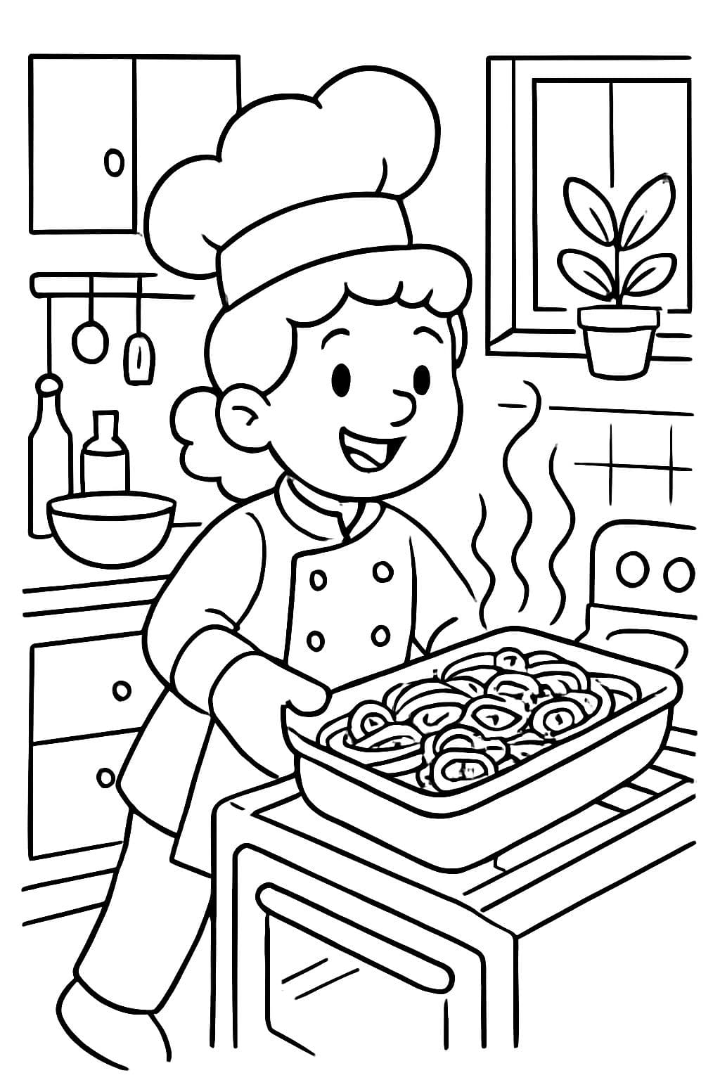 Une cuisine où un gratin de pâtes est cuit par un cuisinier