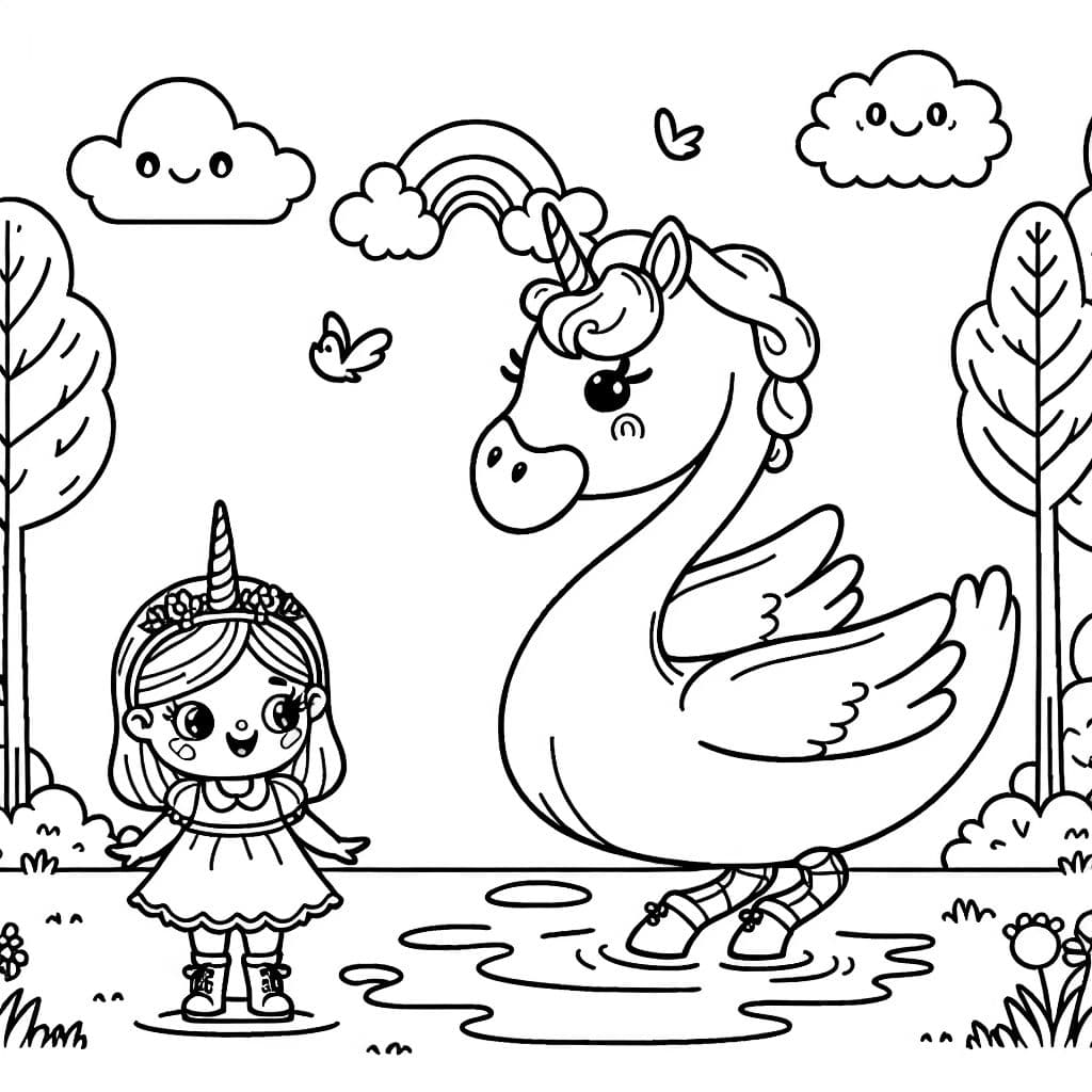Cisne en disfraz de unicornio con una niña rubia de cuatro años