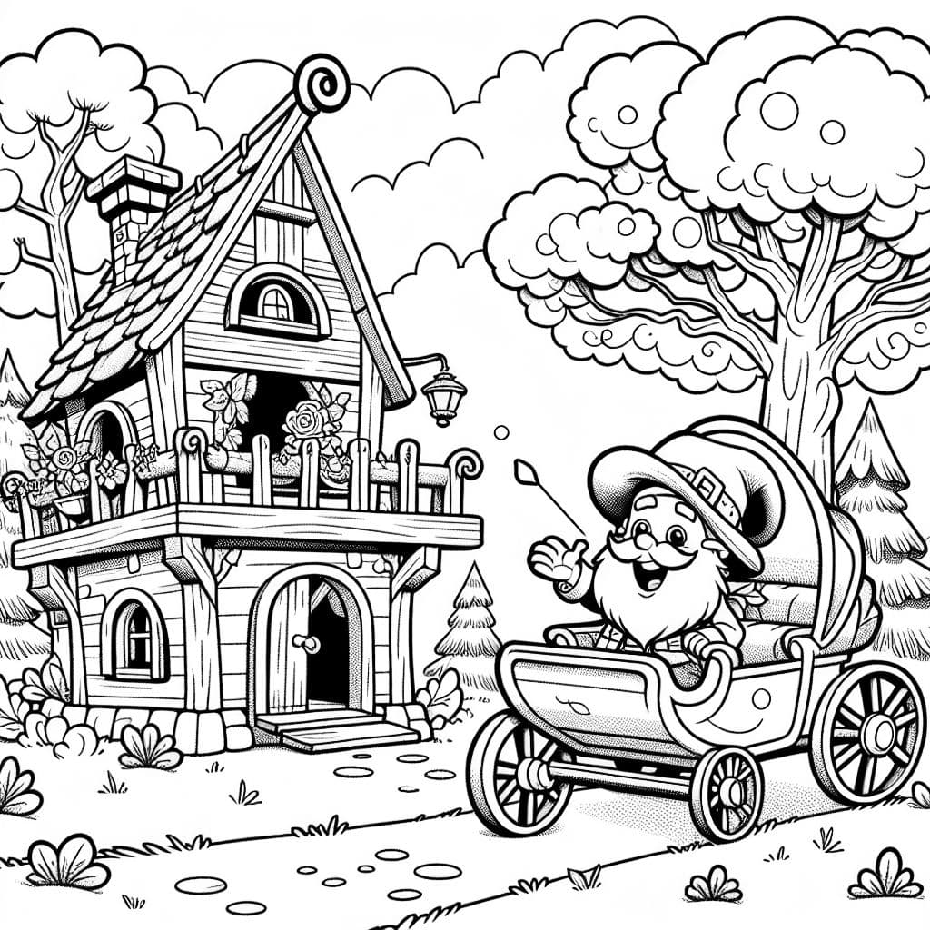 Wichtel Ole kommt mit Umzugswagen am Baumhaus an