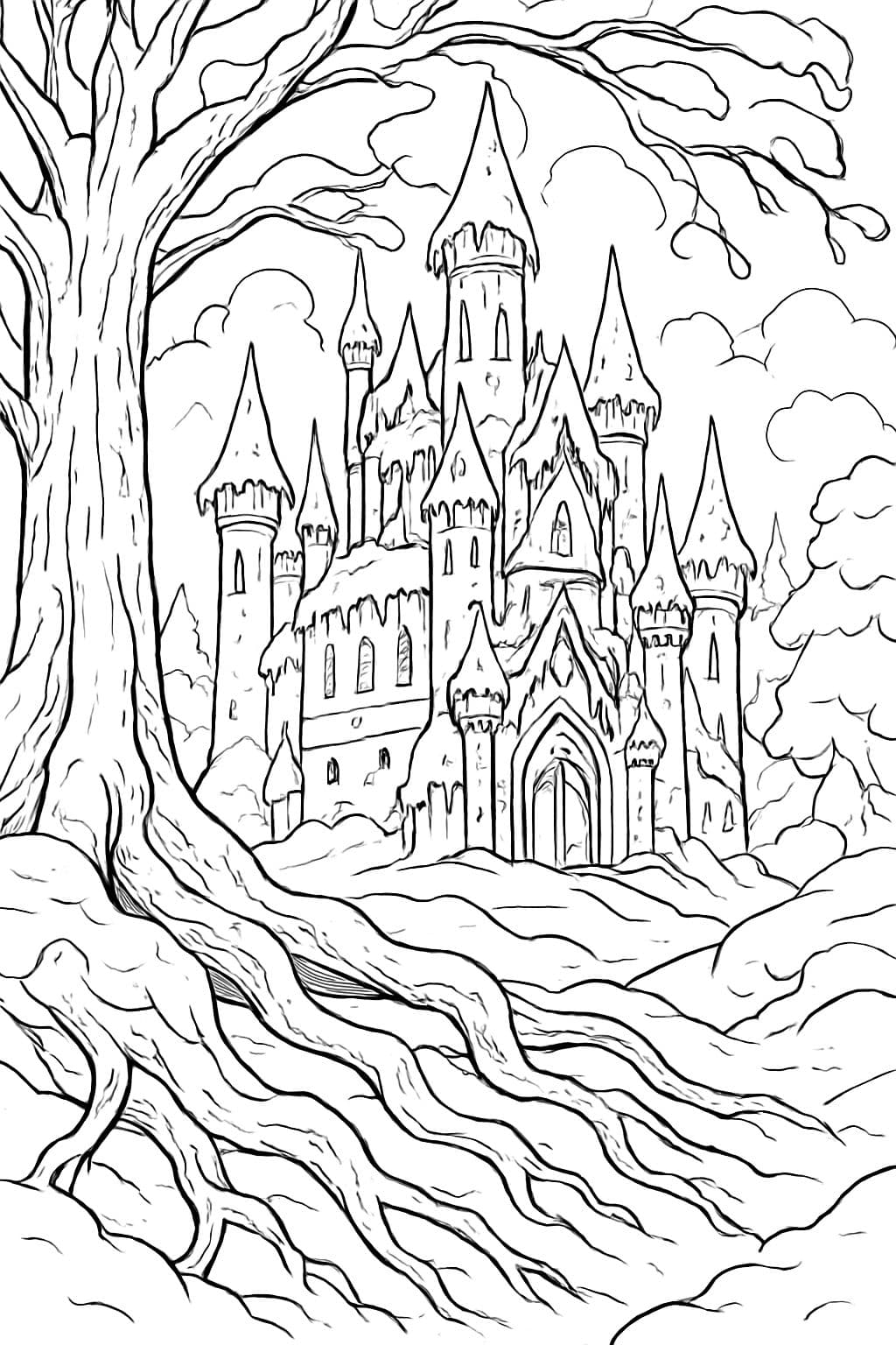 Um enorme castelo de fadas de gelo com muitos pingentes de gelo, muito detalhado, coberto de neve entre as raízes de uma árvore gigante