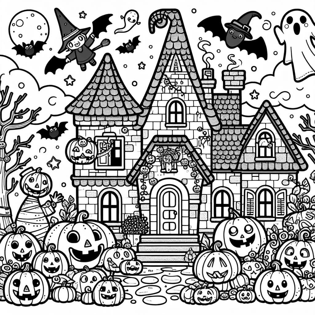 ein Geisterhaus für Halloween mit Kürbissen, Geistern, Hexen, Fledermäusen