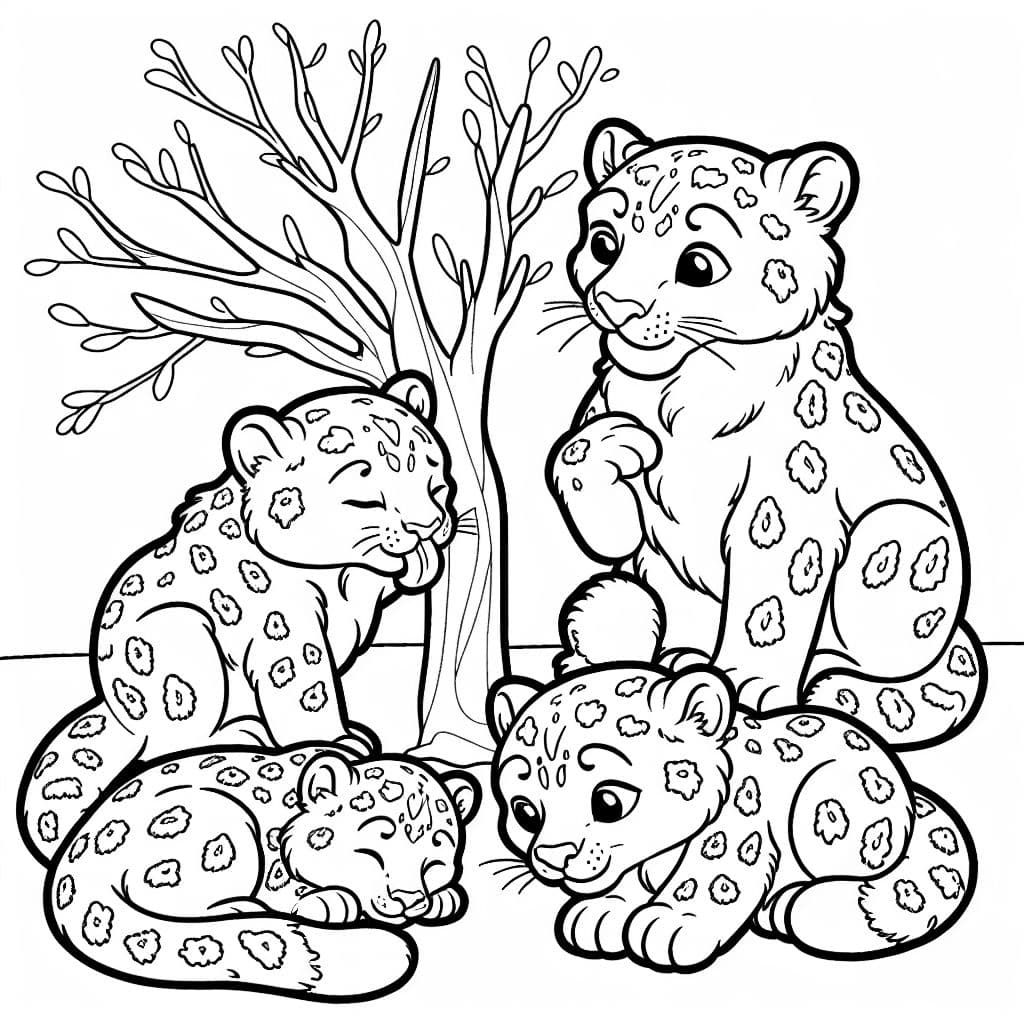 Família de leopardos das neves. 4 leopardos no total. Papai lambe a pata. Bebê dorme. A filha mais velha está deitada no chão. Mamãe arranha uma árvore.