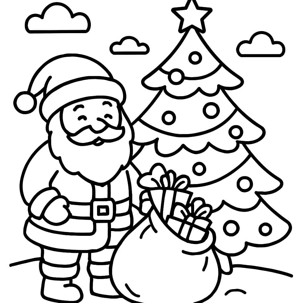 Saint-Nicolas avec un grand sac plein de cadeaux à côté d'un grand et beau sapin de Noël décoré