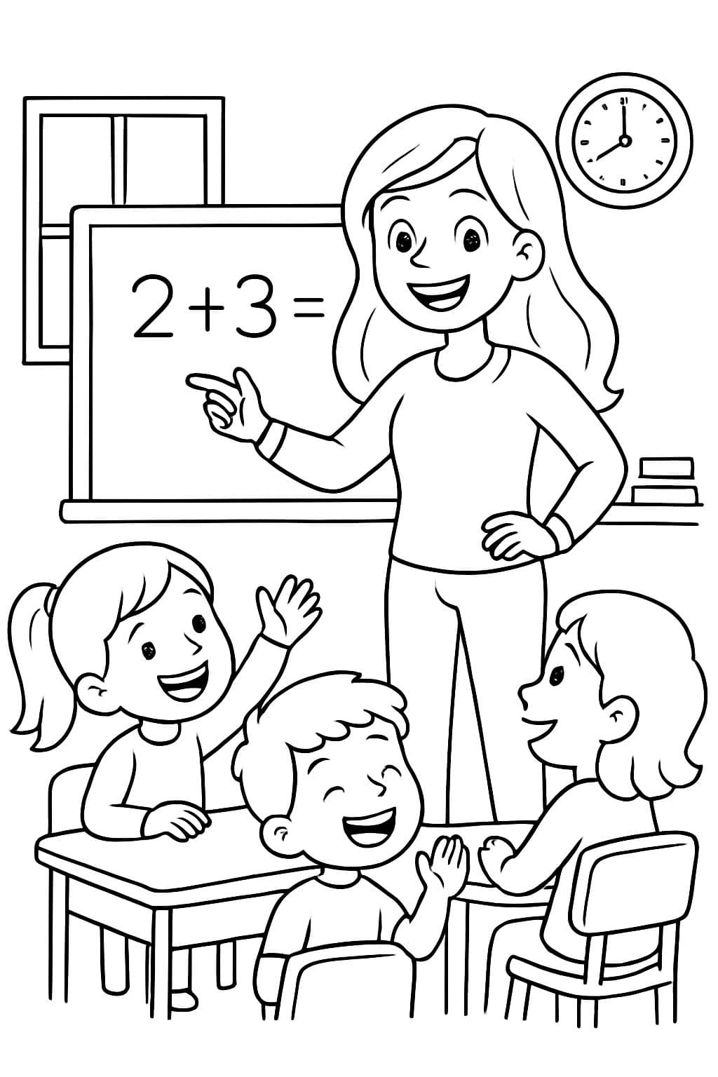 Young female teacher with long hair and a great smile, wearing pants and a sweater, teaching math class.