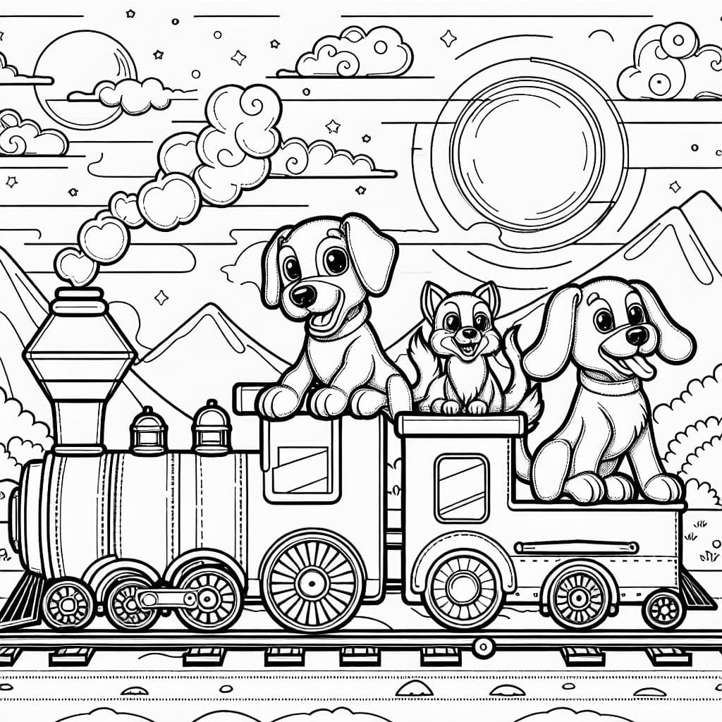 Página para colorear con tres perros en un tren