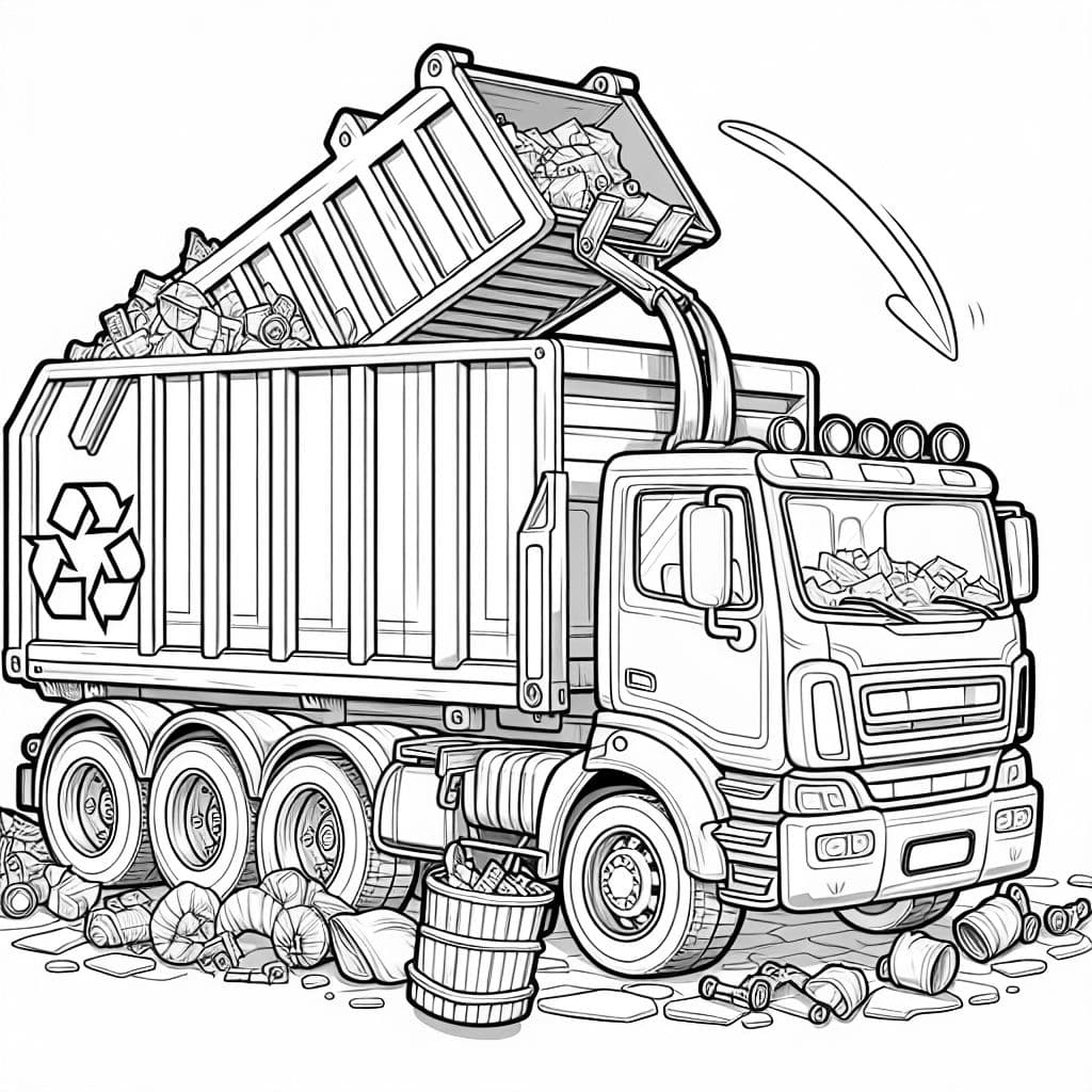 Um caminhão de reciclagem realista despejando resíduos em outro caminhão. Perfeito para uma página de colorir sobre reciclagem e proteção ambiental.