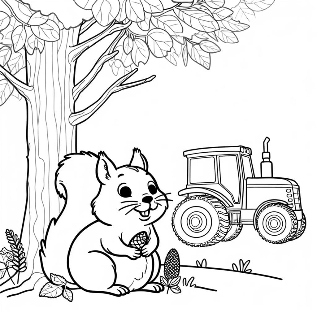 Ein Eichhörnchen auf einem Baum neben einem Traktor