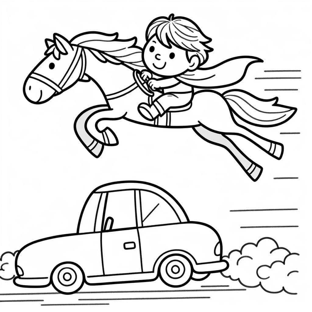 einen Jungen, der in seinem Auto über ein Pferd fliegt