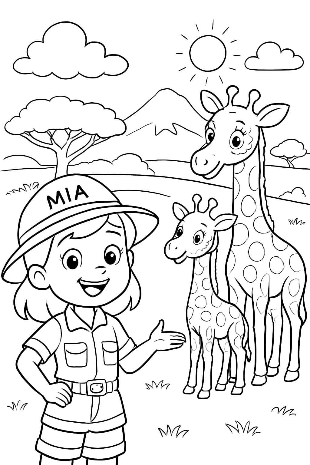 Une fille portant une tenue de safari, nommée Mia, avec une maman et un bébé girafe, dans la savane africaine.
