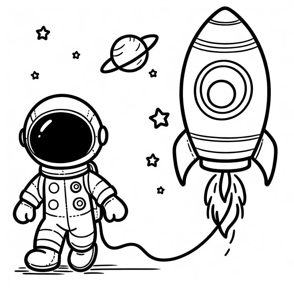 Un niño en un traje de astronauta caminando hacia un cohete.