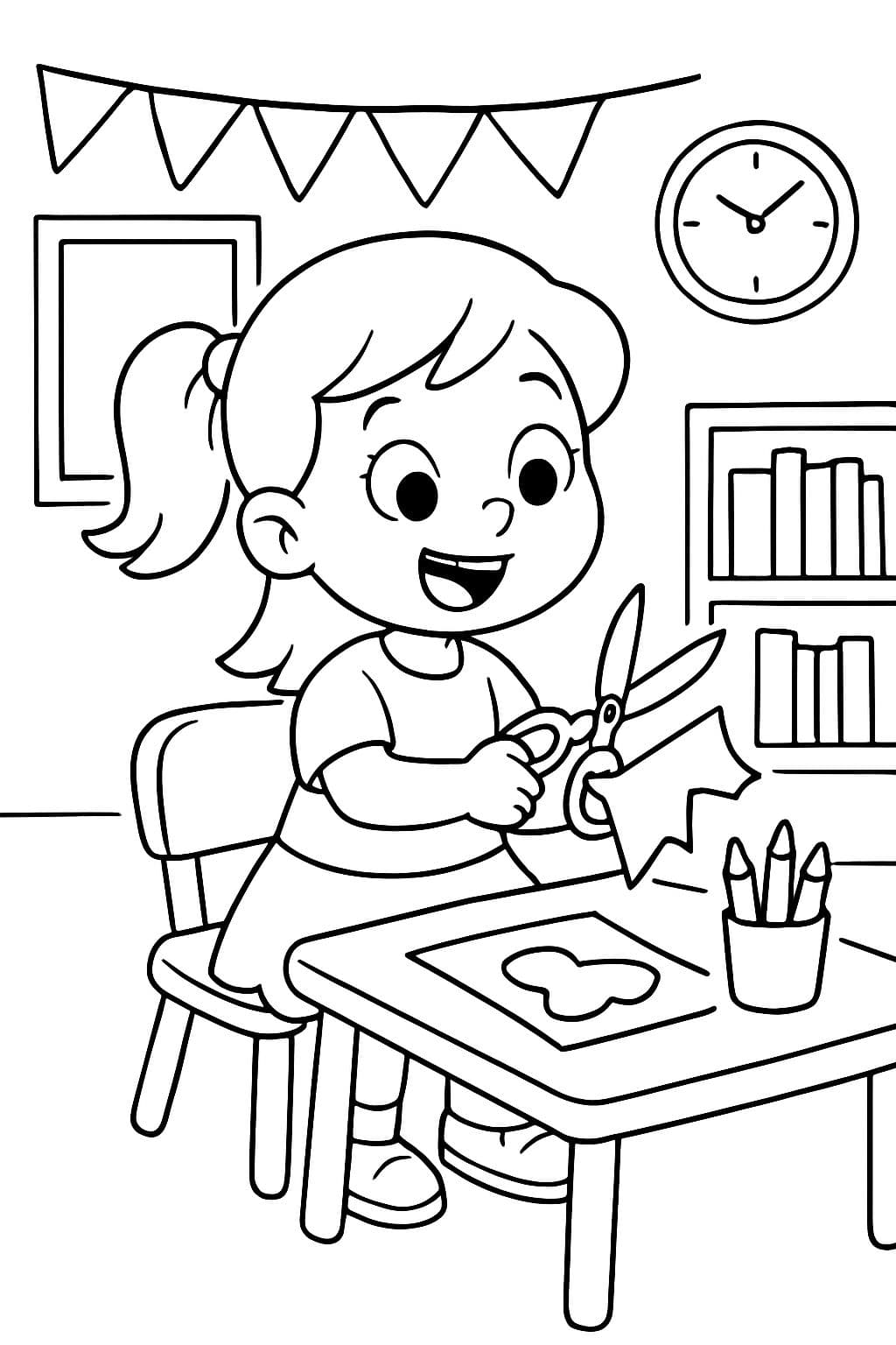 Niña de 3 años usando tijeras en la escuela infantil.