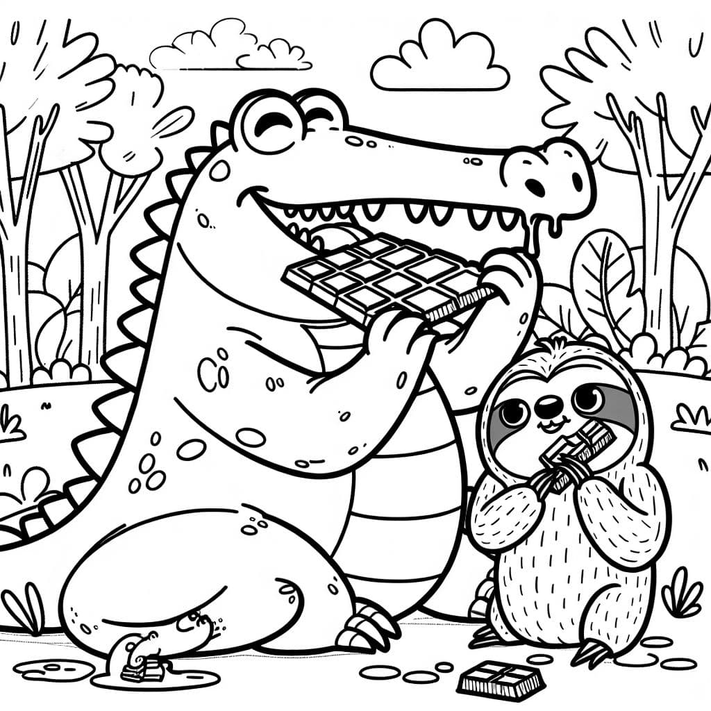 ein Krokodil und ein Faultier, die gemeinsam Schokolade essen