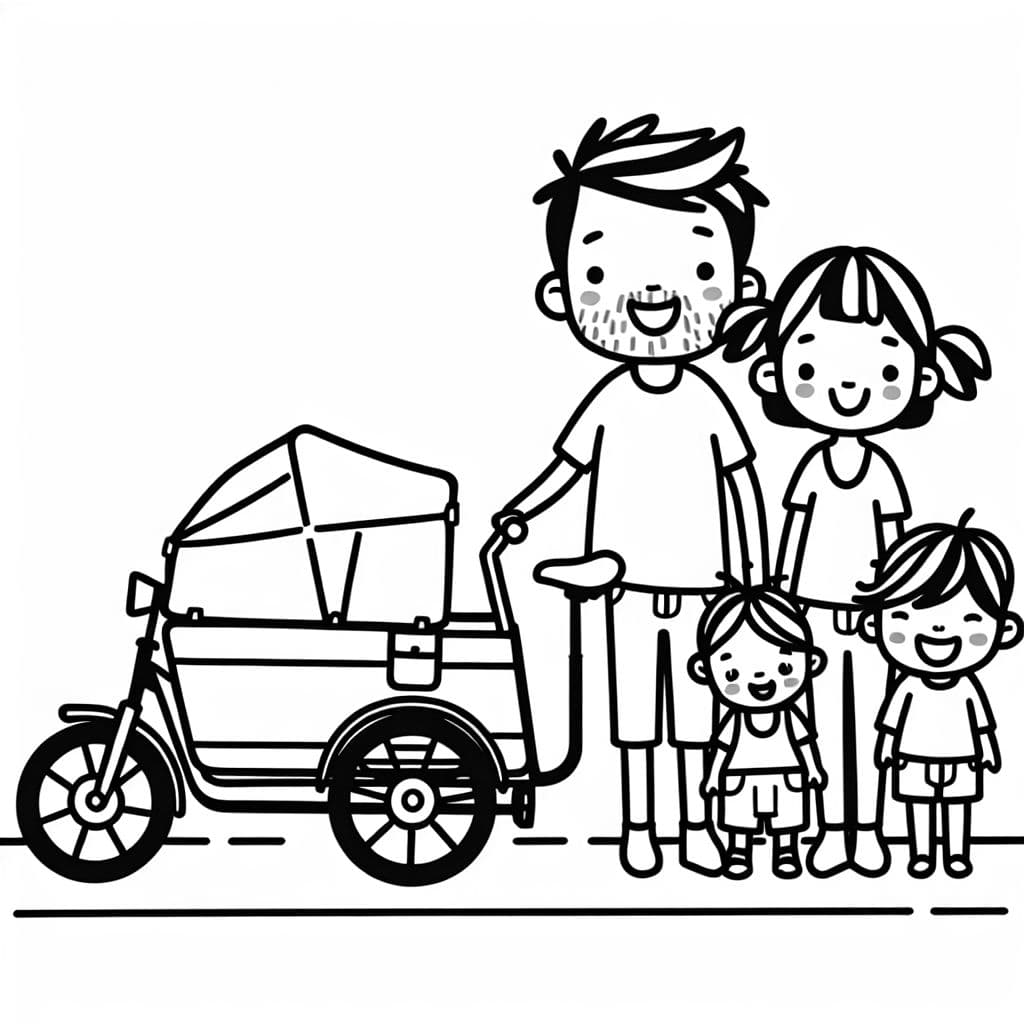 Una familia al lado de una bicicleta de carga