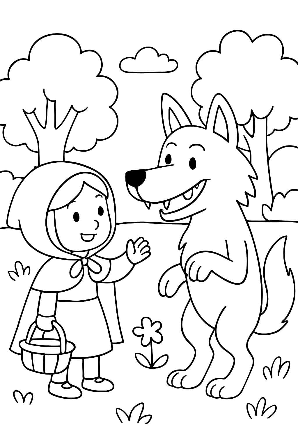 Le Petit Chaperon Rouge parlant avec le grand méchant loup.